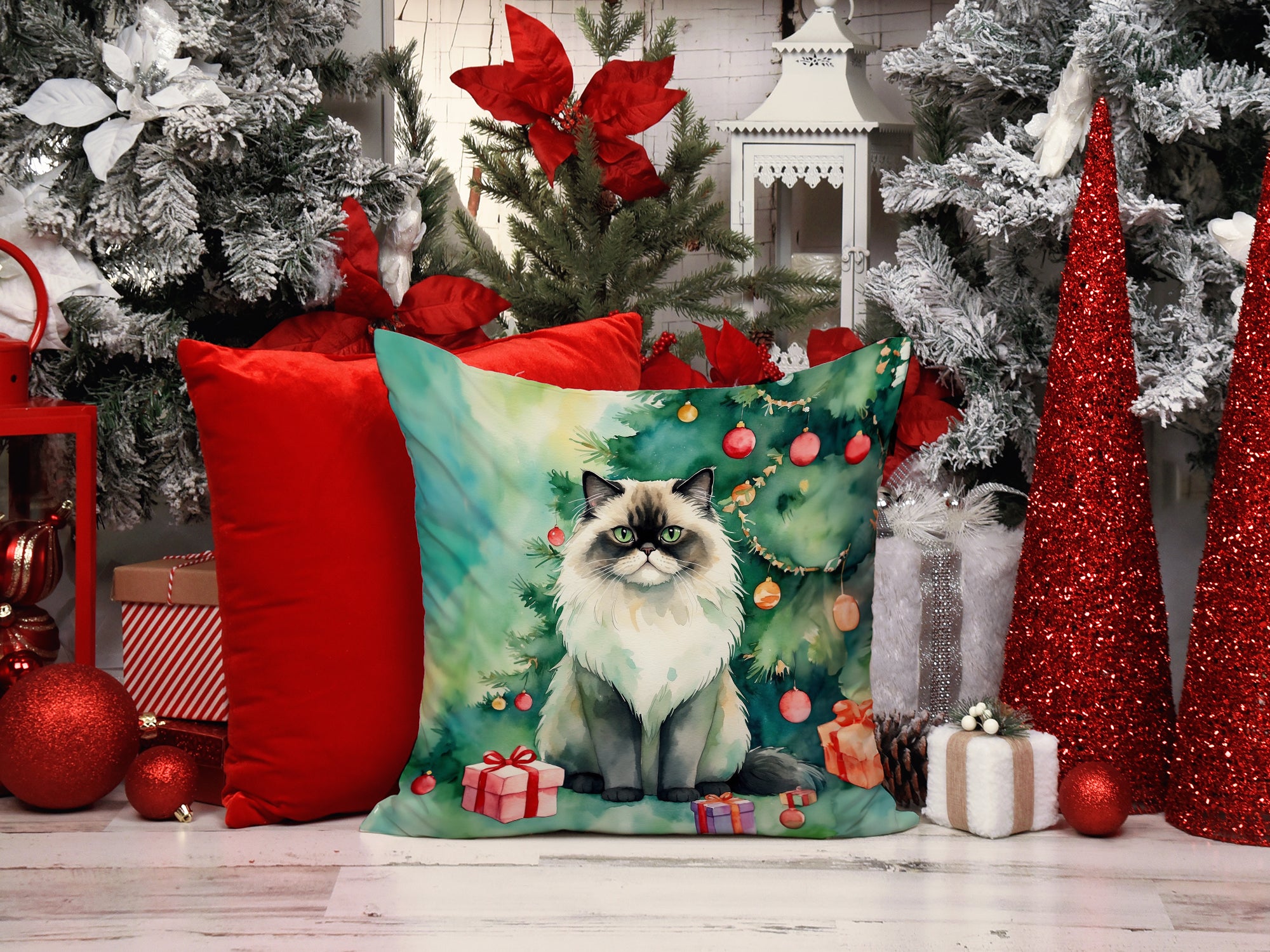 Himalayan Cat By the Christmas Tree Throw Pillow