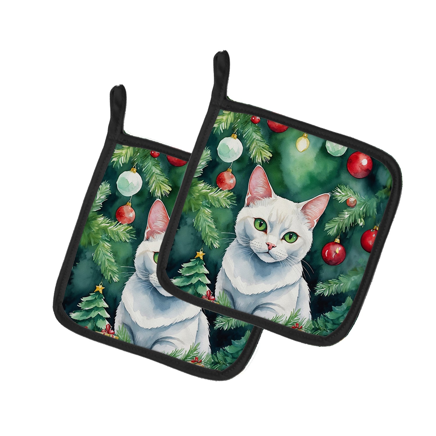 Buy this Khao Manee Cat By the Christmas Tree Pair of Pot Holders