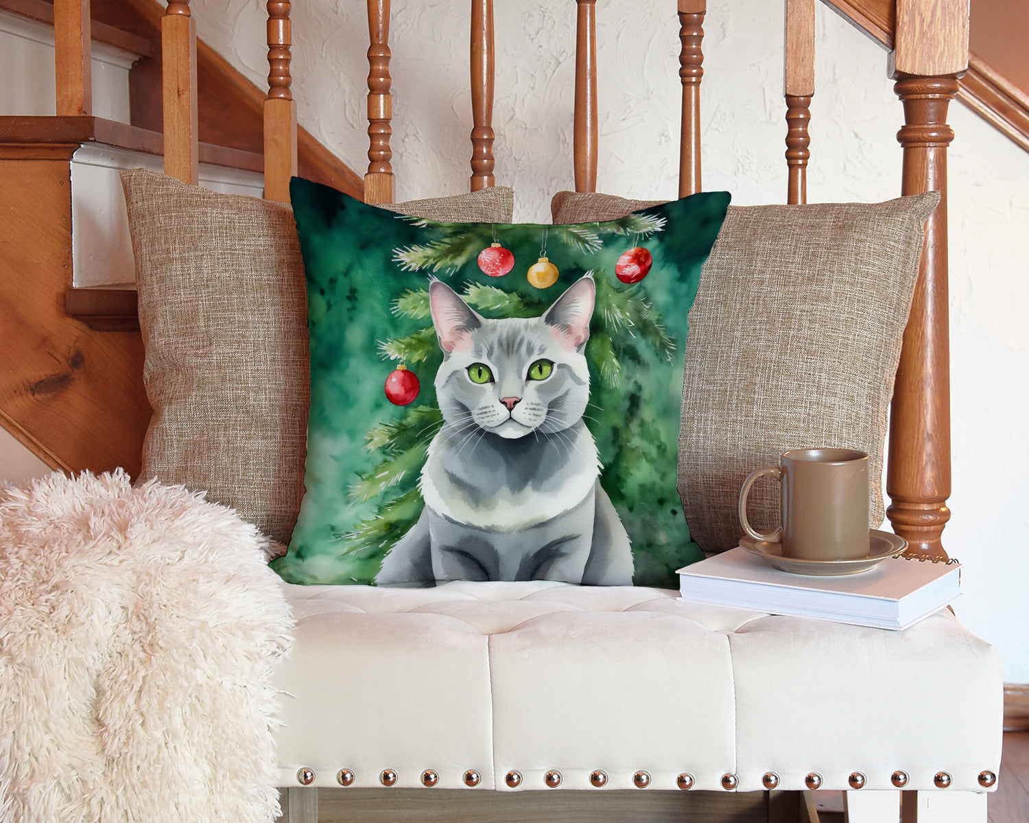 Korat Cat By the Christmas Tree Throw Pillow