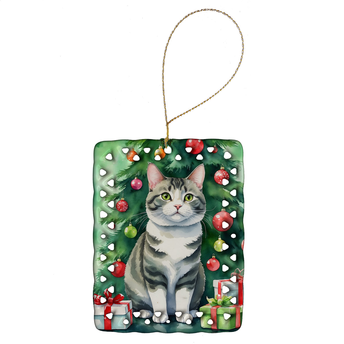 Buy this Korean Bobtail Cat By the Christmas Tree Porcelain Ornament