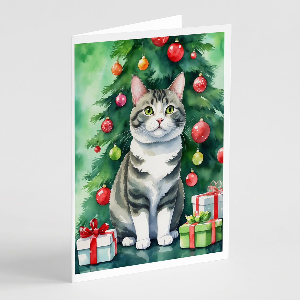 Buy this Korean Bobtail Cat By the Christmas Tree Greeting Cards Pack of 8