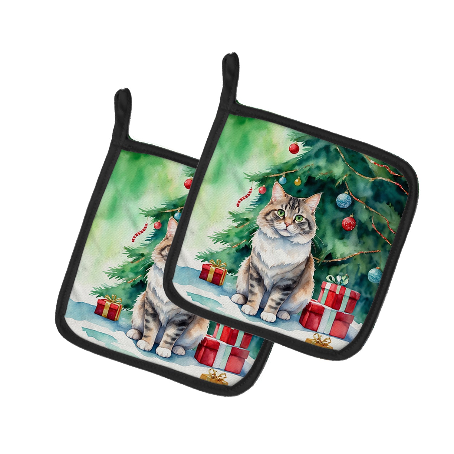 Buy this Kurilian Bobtail Cat By the Christmas Tree Pair of Pot Holders