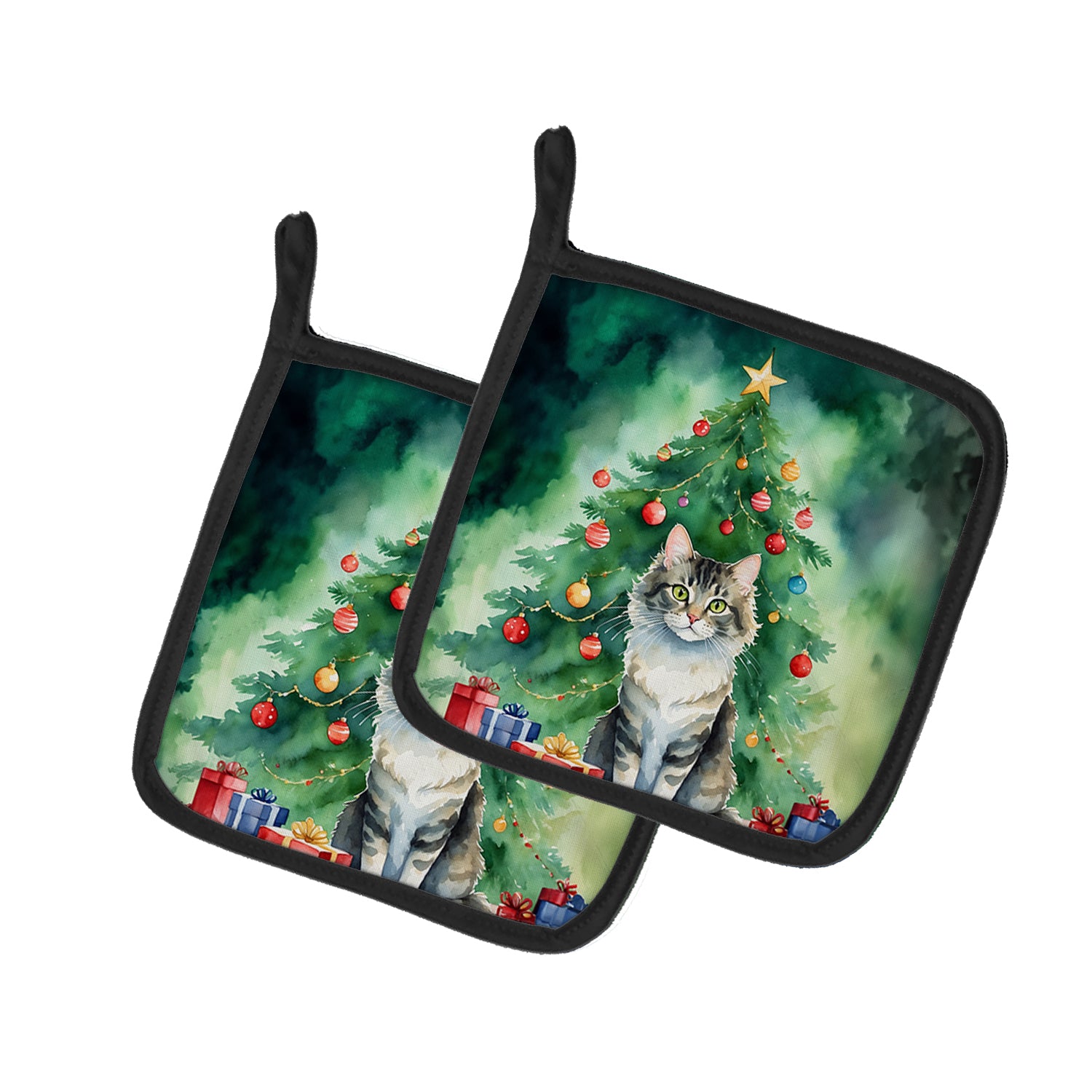 Buy this La Perm Cat By the Christmas Tree Pair of Pot Holders