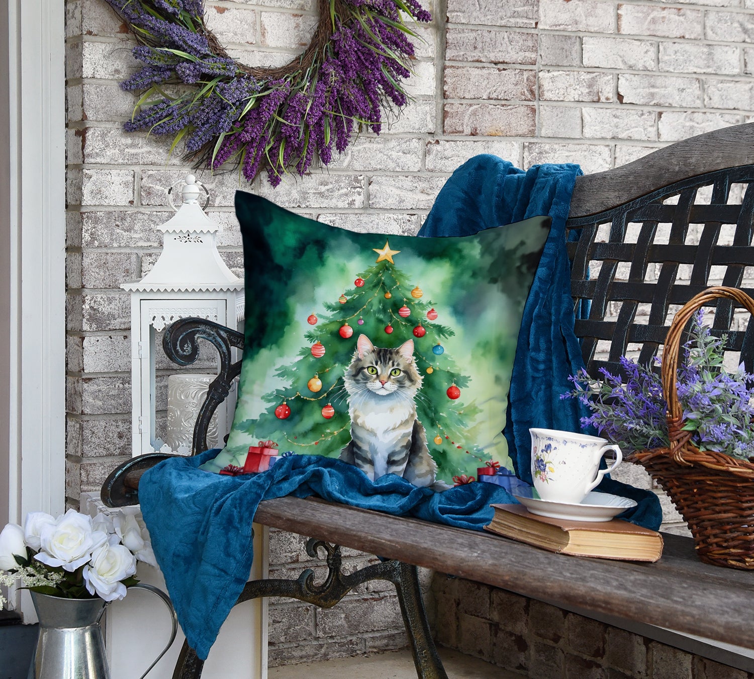 La Perm Cat By the Christmas Tree Throw Pillow