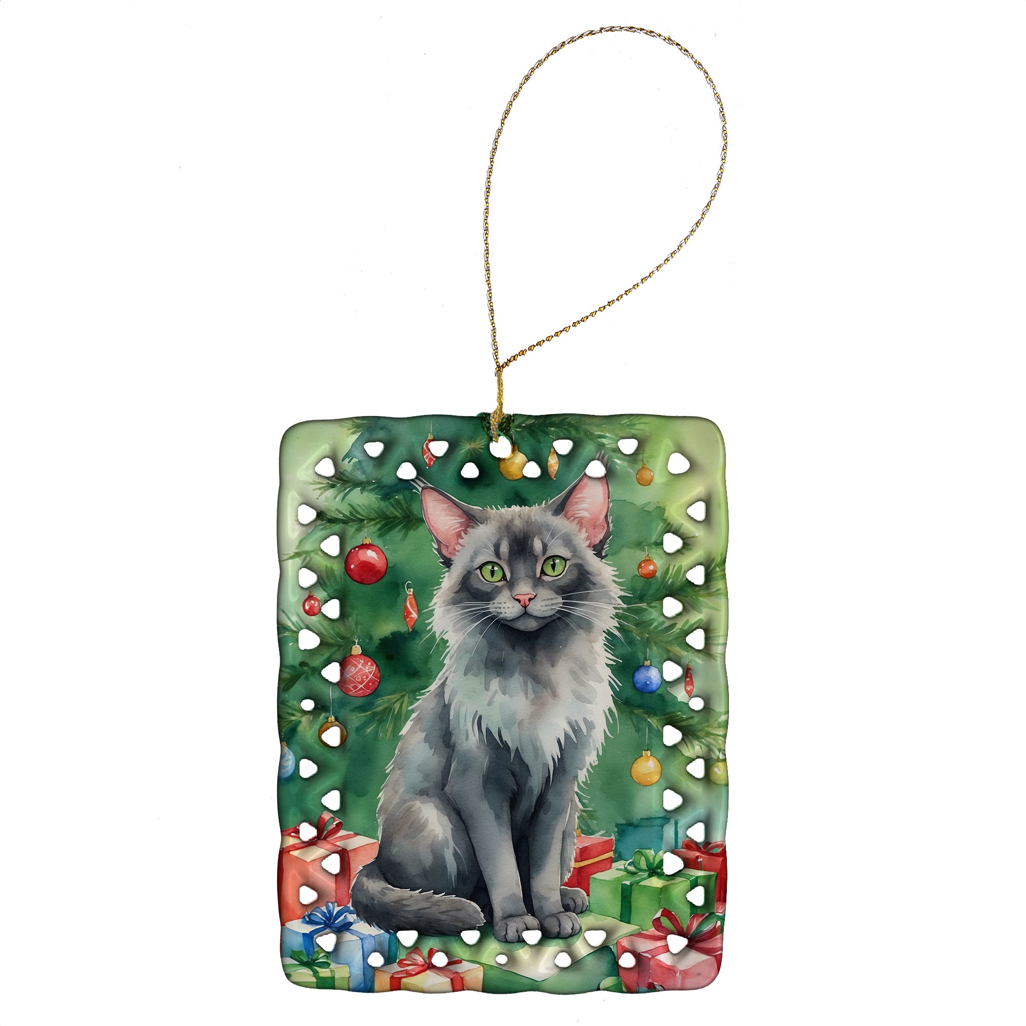 Buy this Lykoi Cat By the Christmas Tree Porcelain Ornament