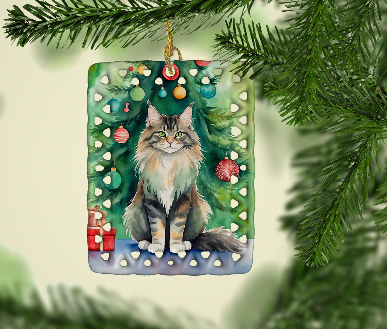 Buy this MaineCoon Cat By the Christmas Tree Porcelain Ornament