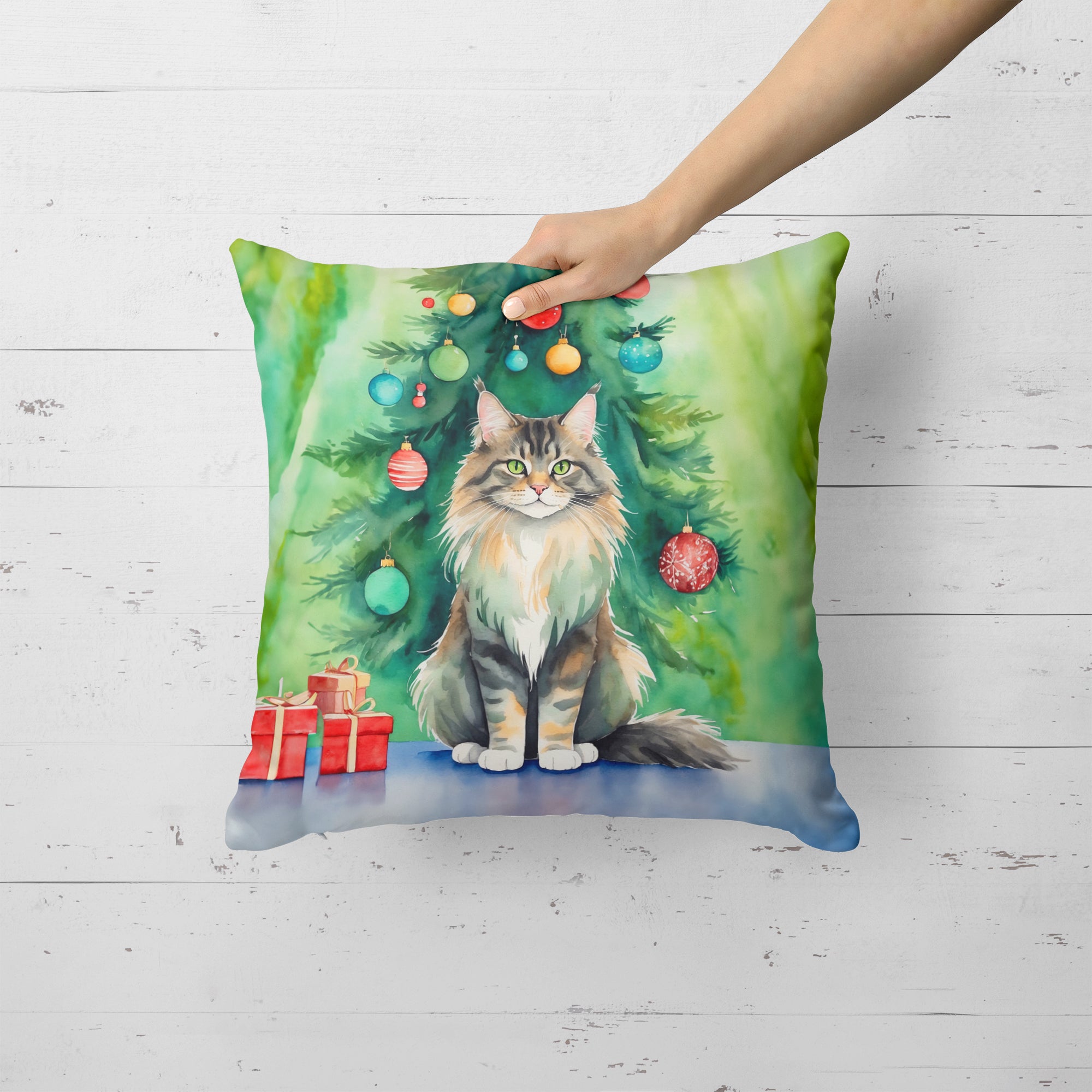 MaineCoon Cat By the Christmas Tree Throw Pillow