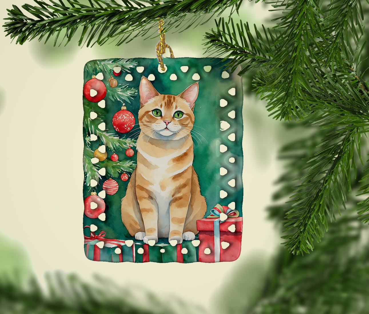 Buy this Malayan Cat By the Christmas Tree Porcelain Ornament