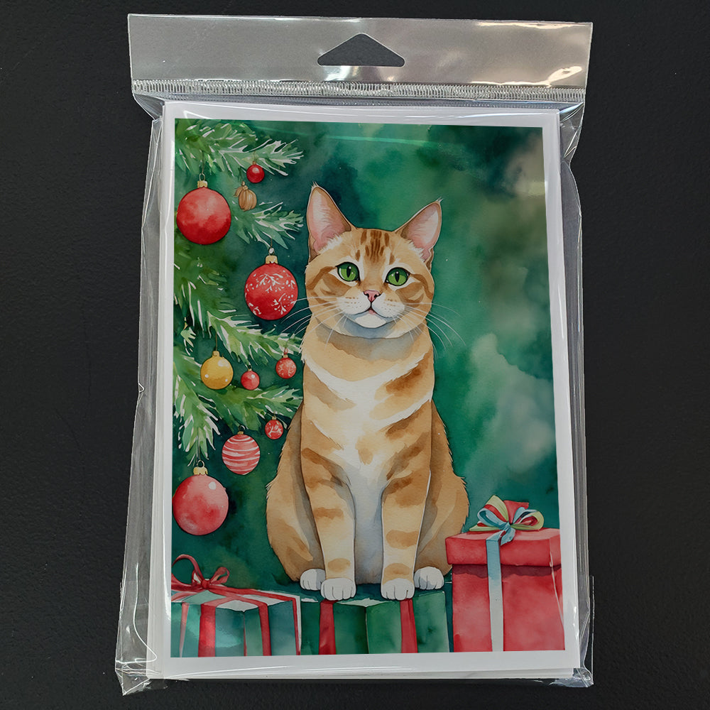 Malayan Cat By the Christmas Tree Greeting Cards Pack of 8