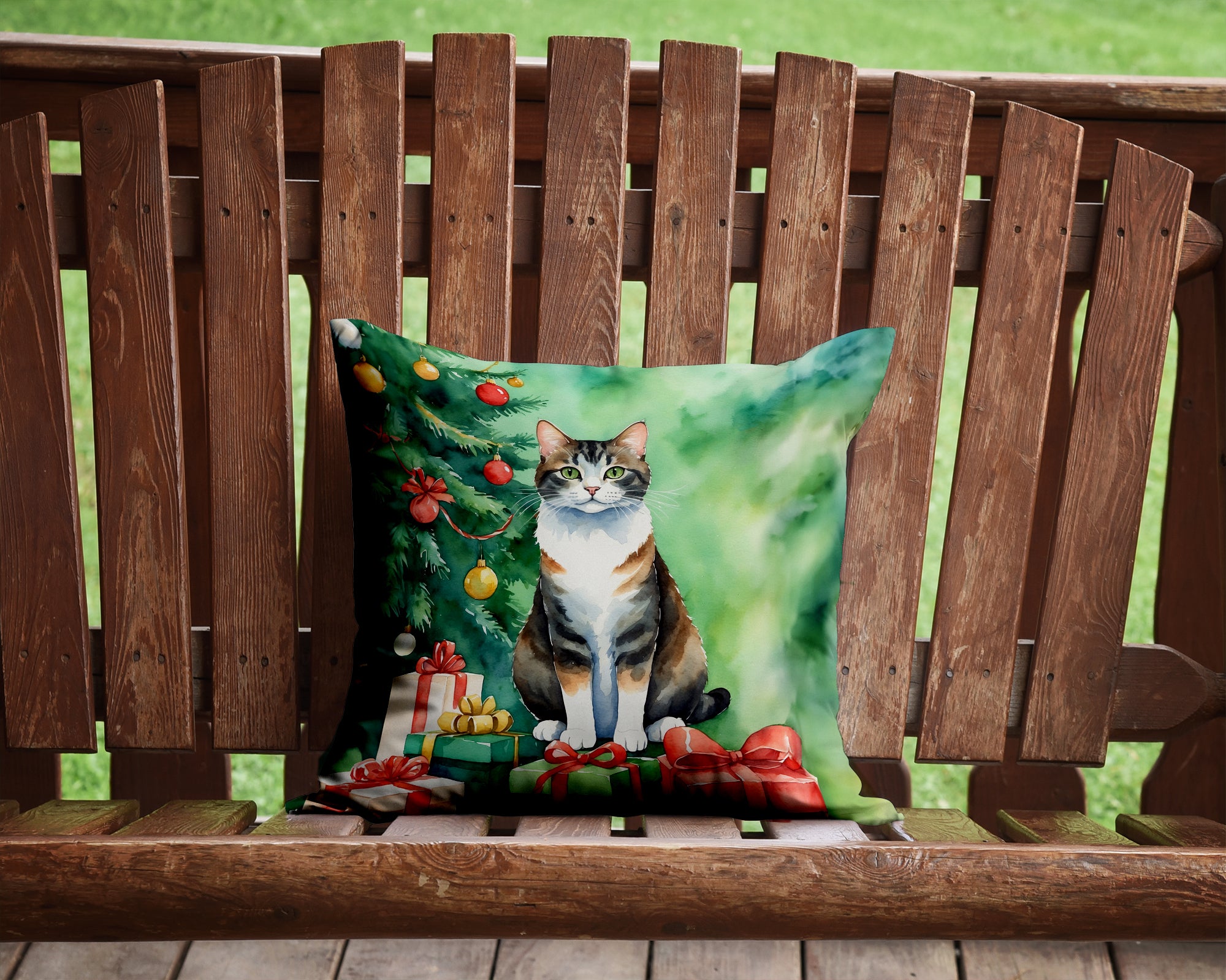 Buy this Manx Cat By the Christmas Tree Throw Pillow