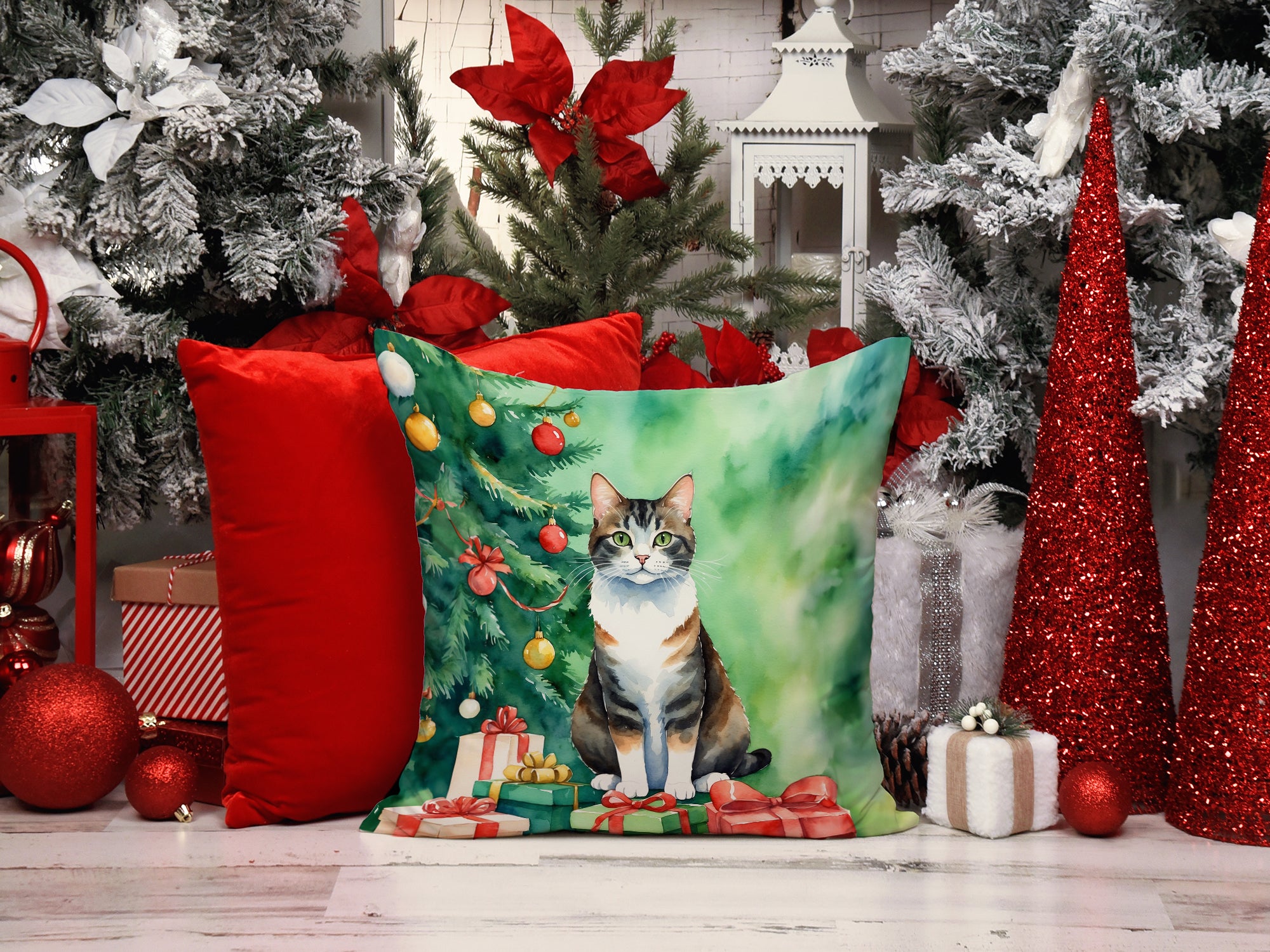 Manx Cat By the Christmas Tree Throw Pillow