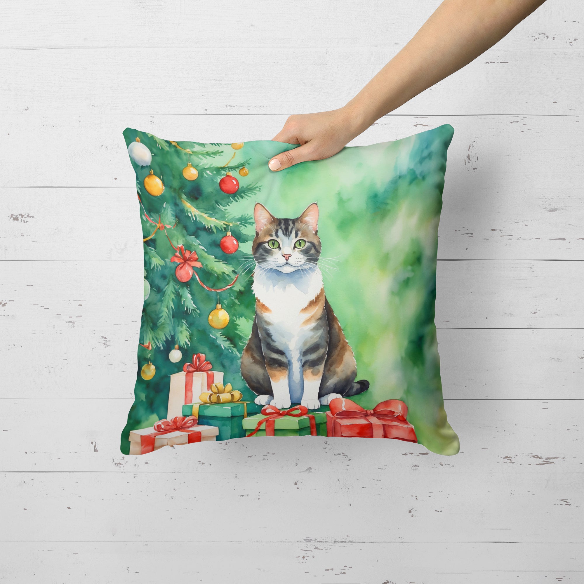 Manx Cat By the Christmas Tree Throw Pillow