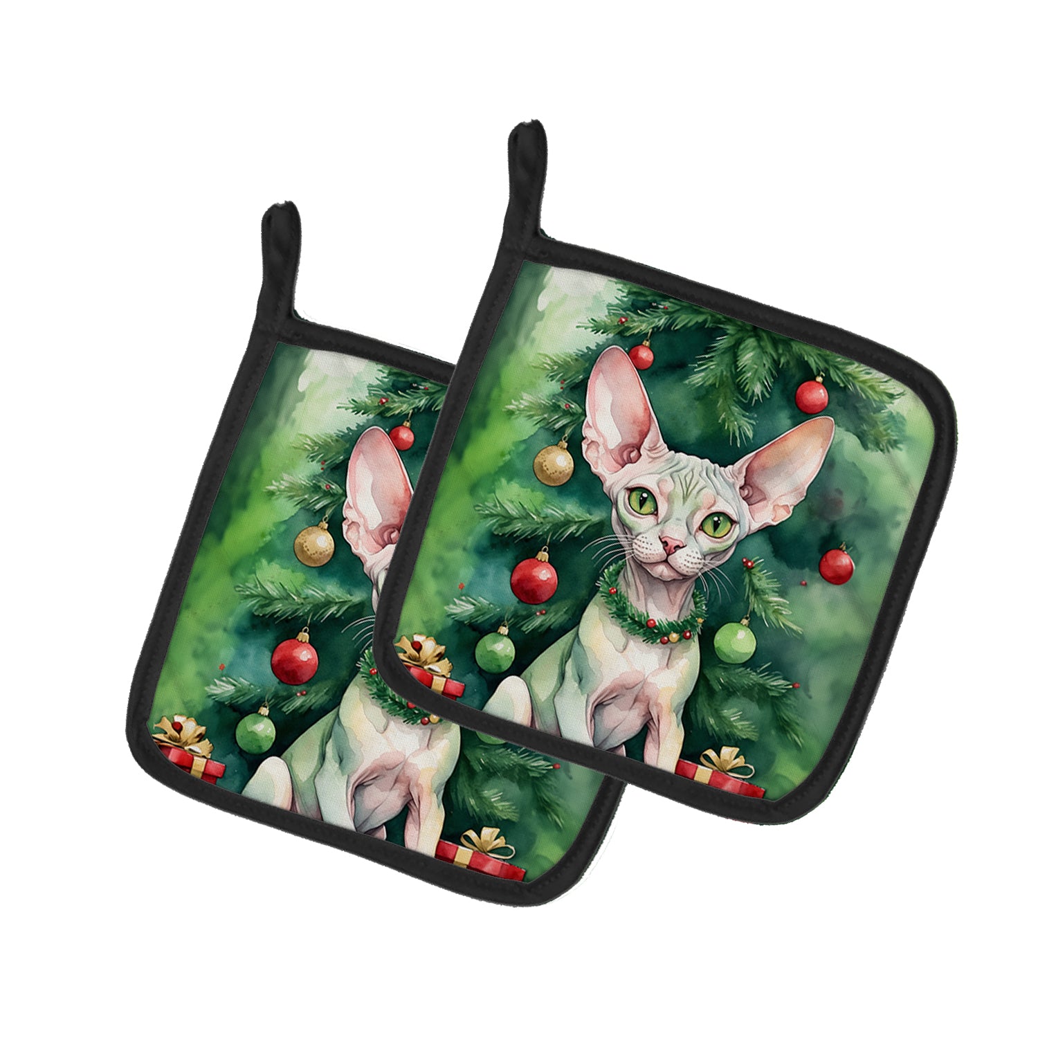 Buy this Minskin Cat By the Christmas Tree Pair of Pot Holders