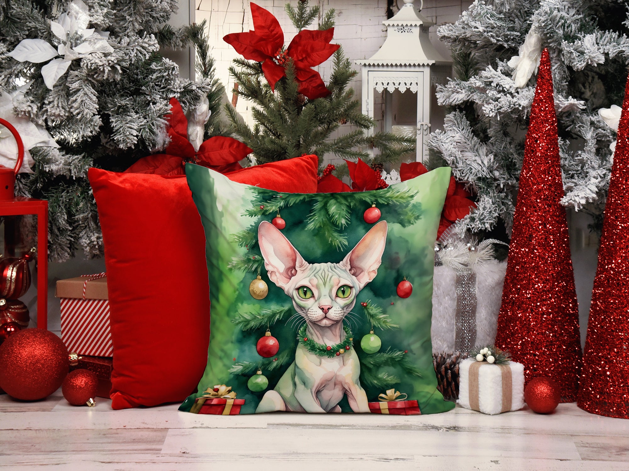 Minskin Cat By the Christmas Tree Throw Pillow