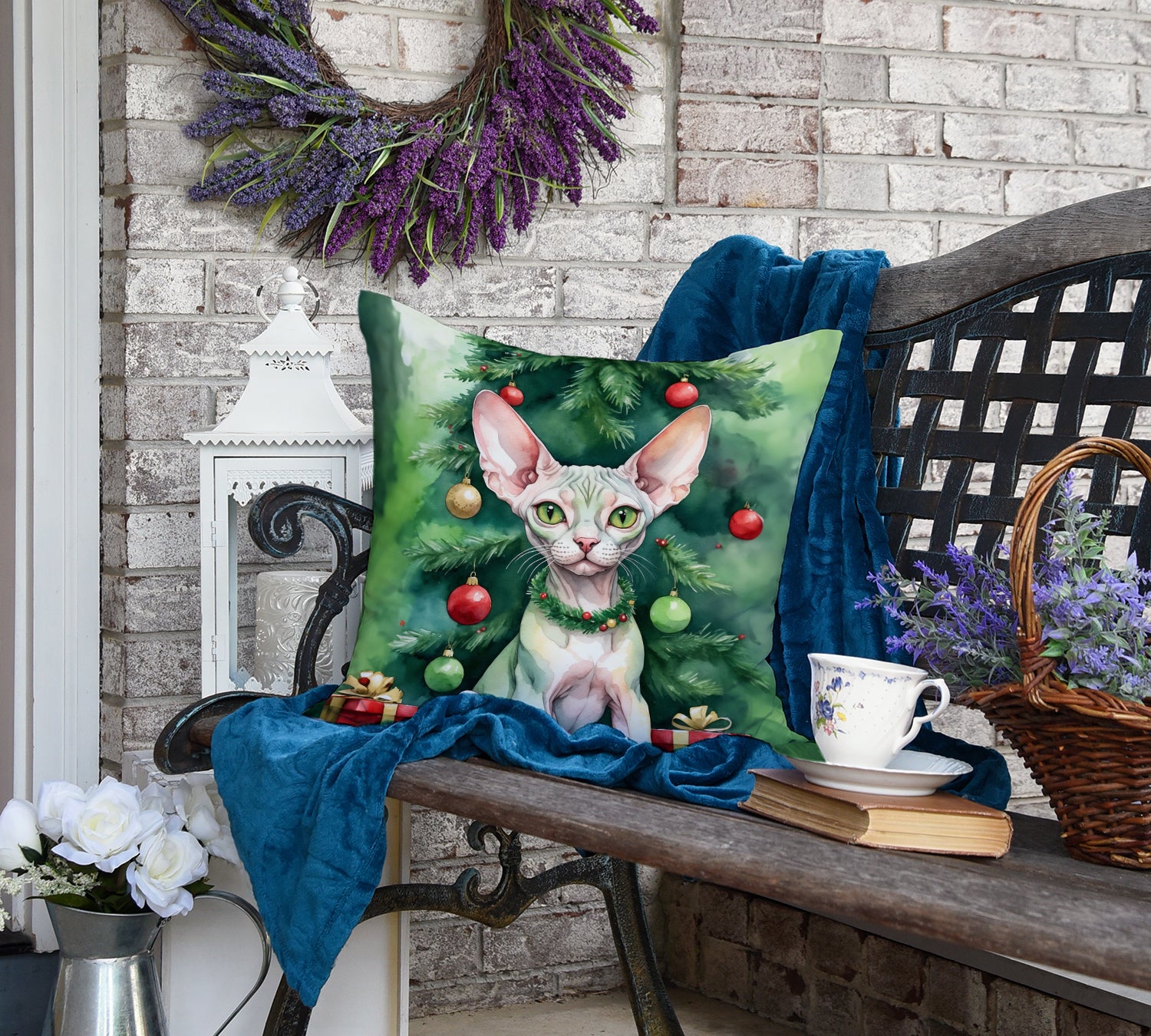 Minskin Cat By the Christmas Tree Throw Pillow