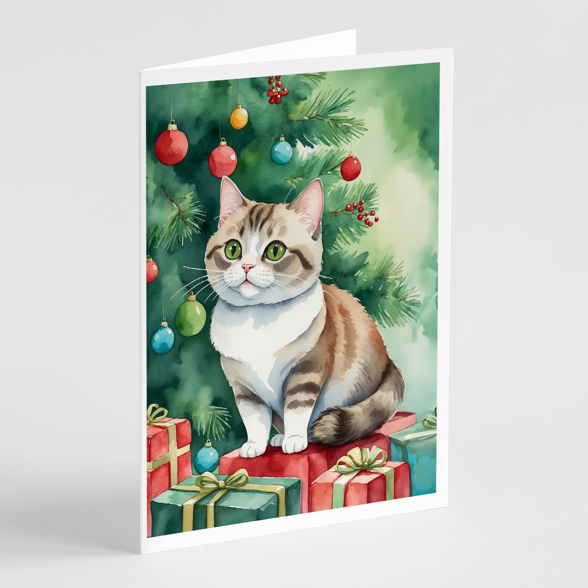 Buy this Munchkin Cat By the Christmas Tree Greeting Cards Pack of 8