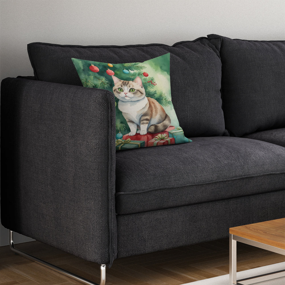 Munchkin Cat By the Christmas Tree Throw Pillow