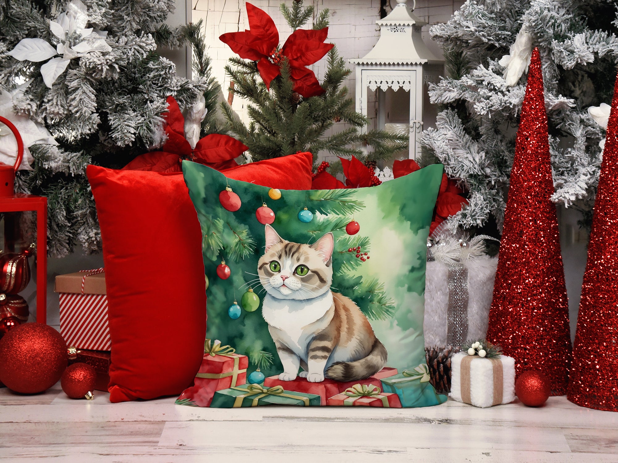 Munchkin Cat By the Christmas Tree Throw Pillow