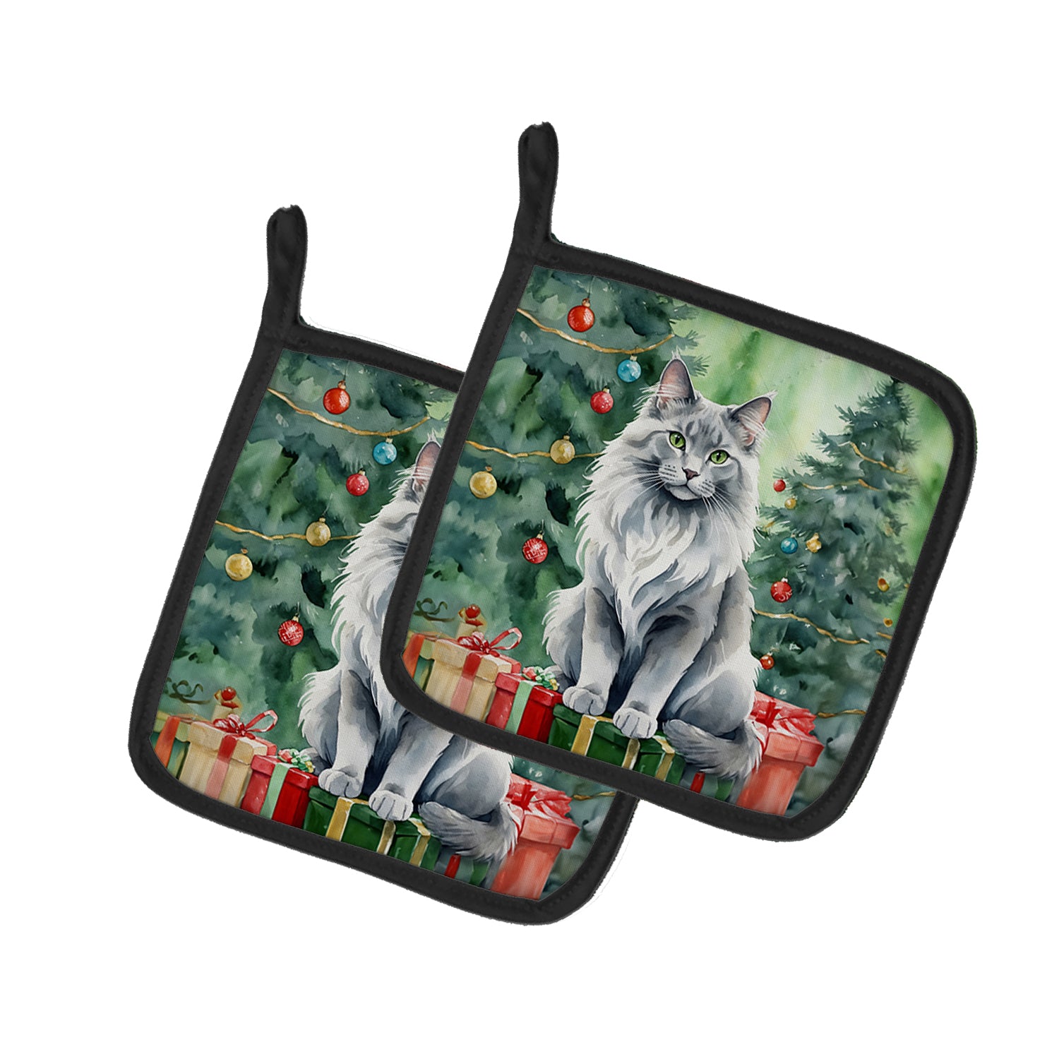 Buy this Nebelung Cat By the Christmas Tree Pair of Pot Holders