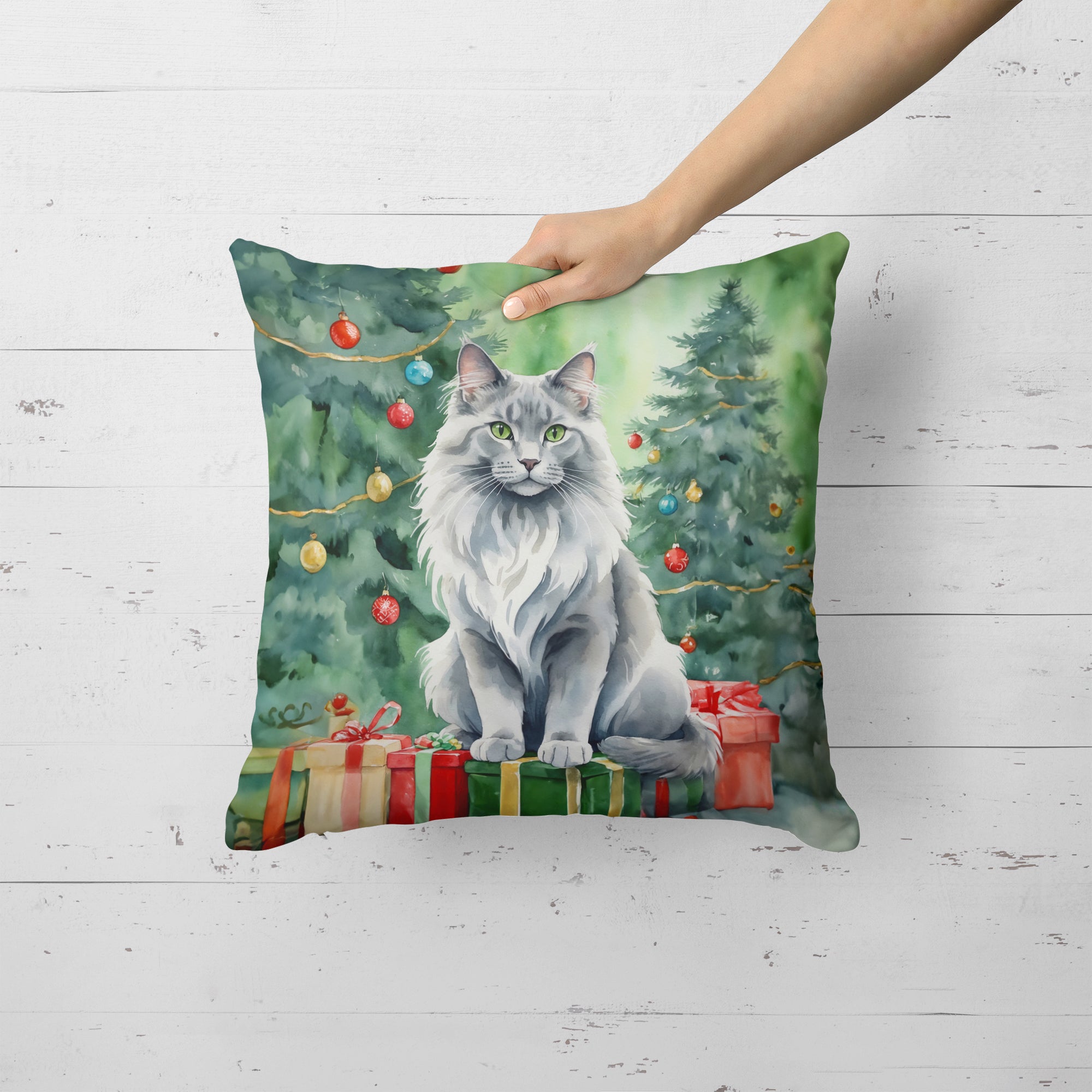 Nebelung Cat By the Christmas Tree Throw Pillow