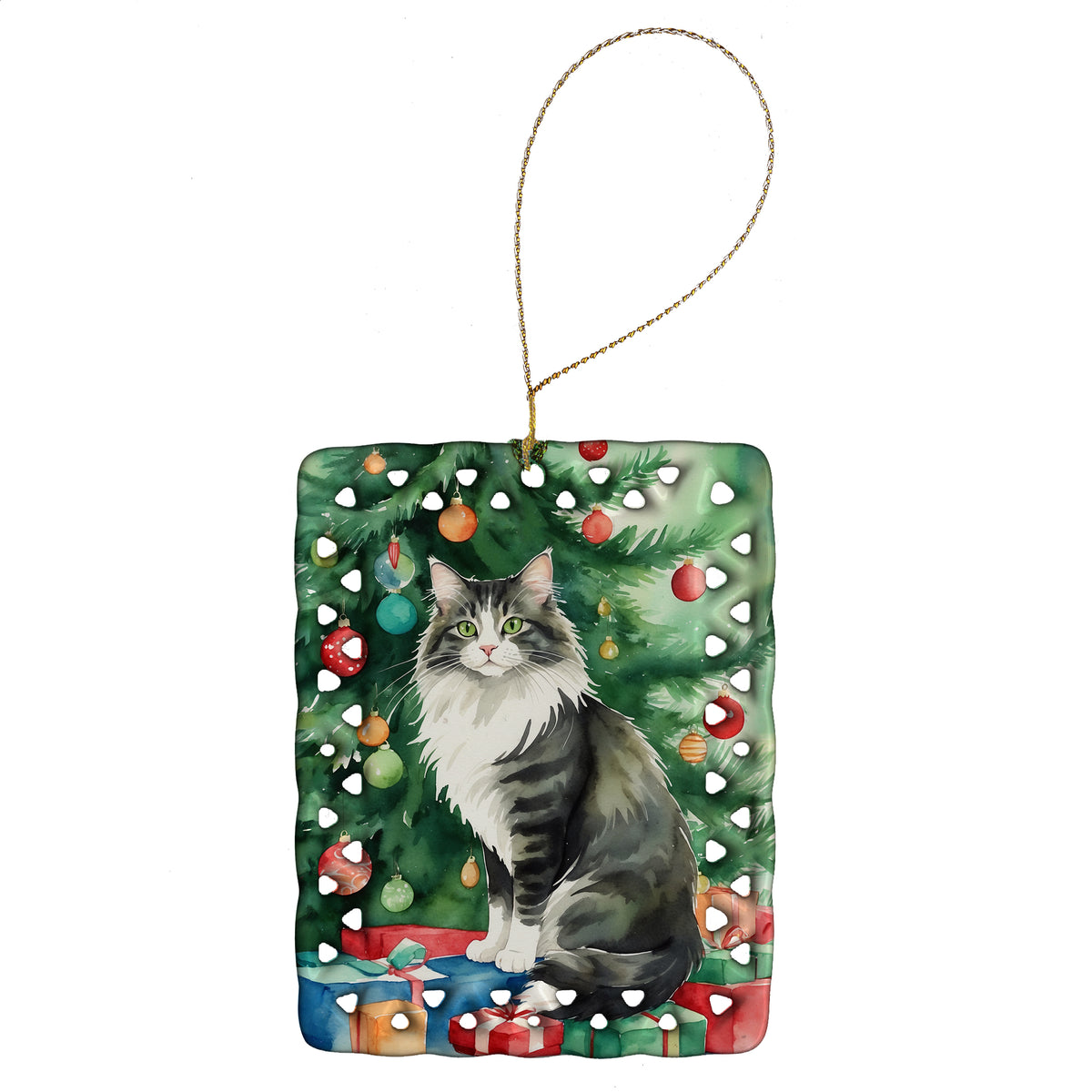 Buy this Norwegian Forest Cat By the Christmas Tree Porcelain Ornament