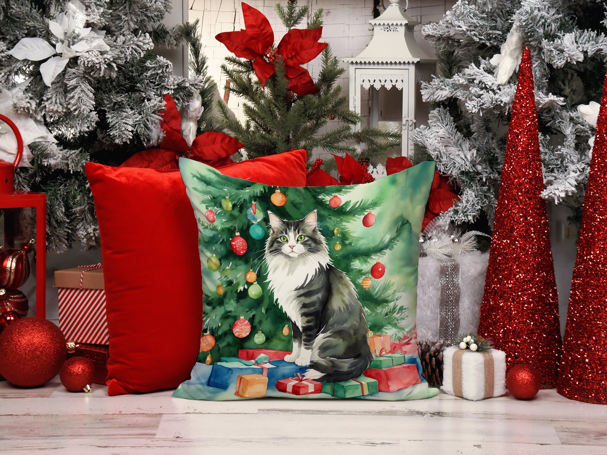 Buy this Norwegian Forest Cat By the Christmas Tree Throw Pillow