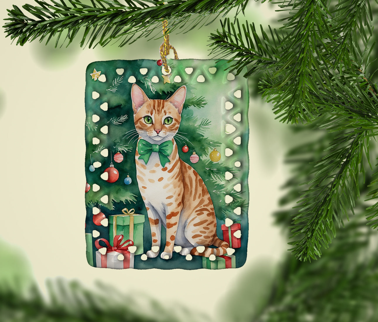 Buy this Ocicat Cat By the Christmas Tree Porcelain Ornament