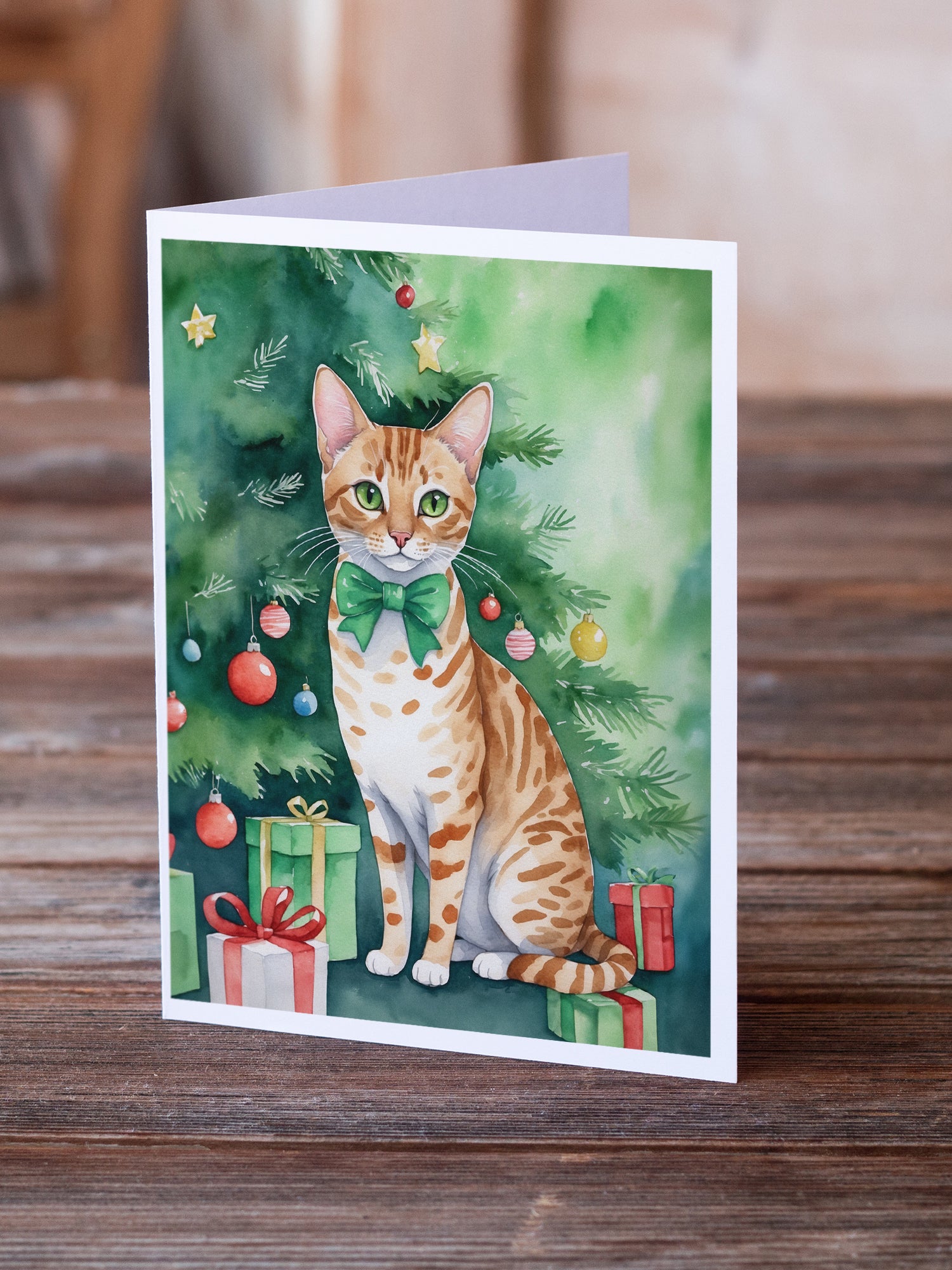 Buy this Ocicat Cat By the Christmas Tree Greeting Cards Pack of 8