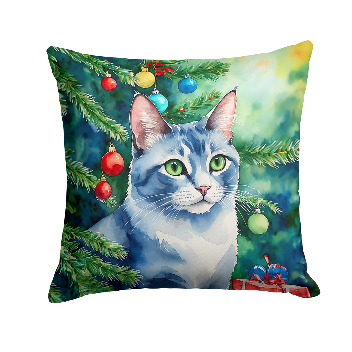 Buy this Ojos Azules Cat By the Christmas Tree Throw Pillow