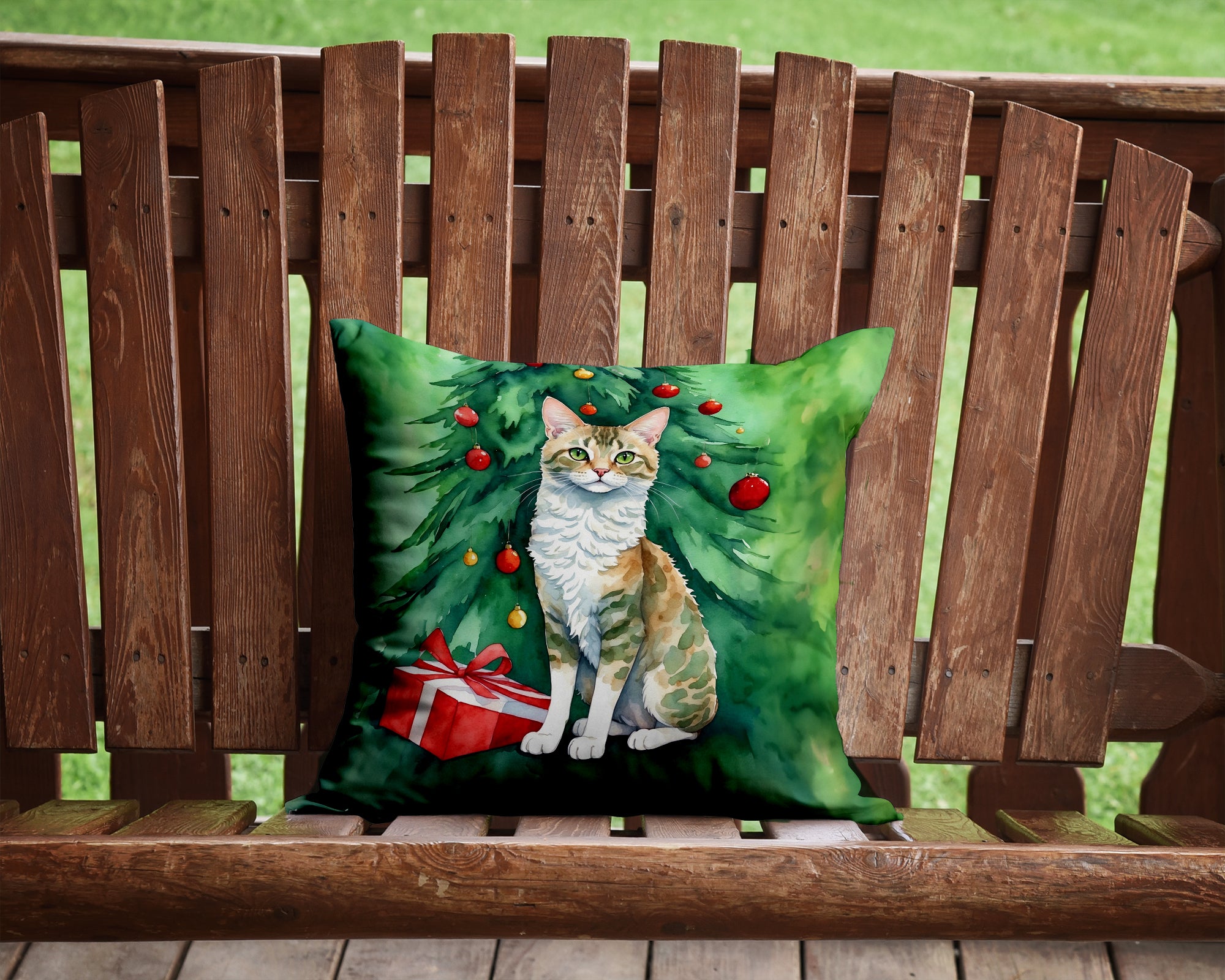 Oregon Rex Cat By the Christmas Tree Throw Pillow