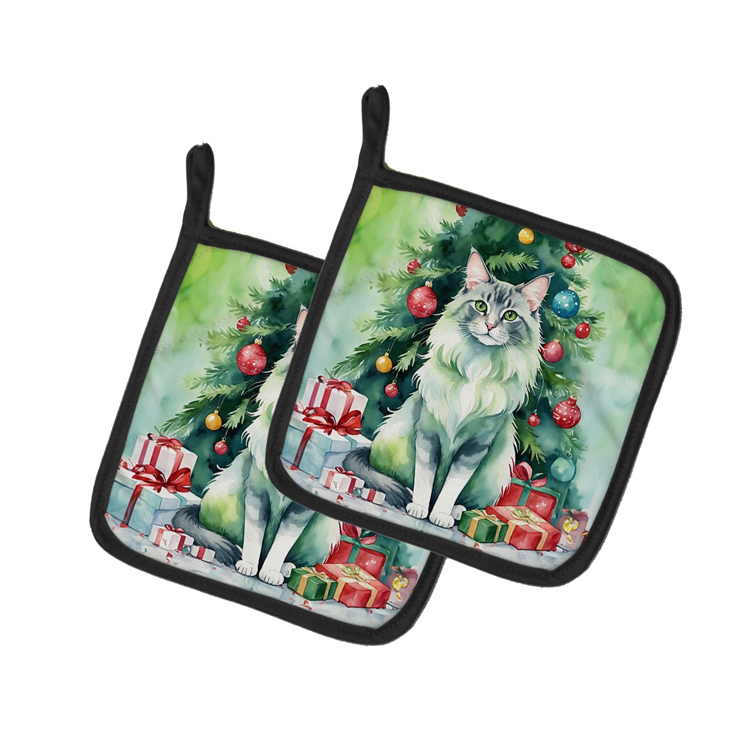 Buy this Oriental Longhair Cat By the Christmas Tree Pair of Pot Holders