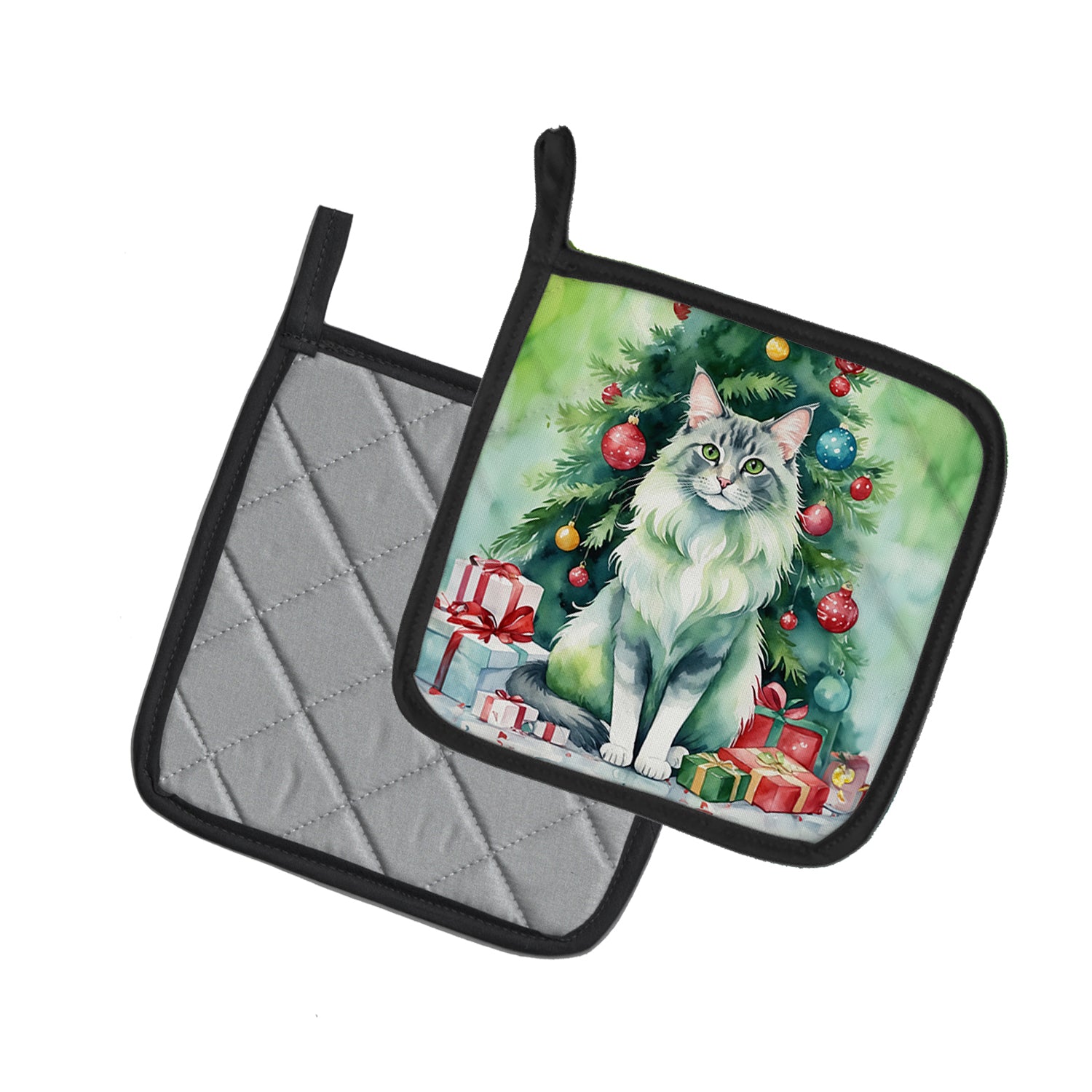 Buy this Oriental Longhair Cat By the Christmas Tree Pair of Pot Holders