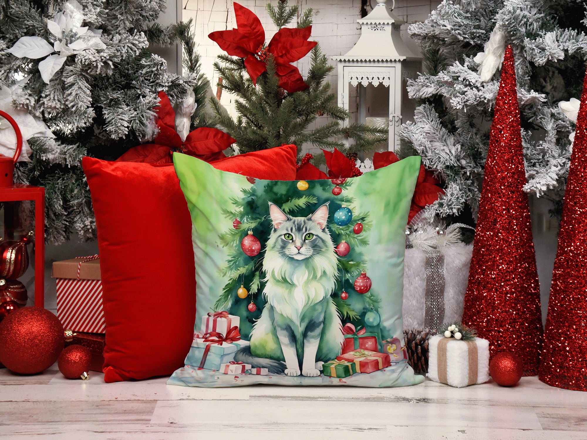 Oriental Longhair Cat By the Christmas Tree Throw Pillow