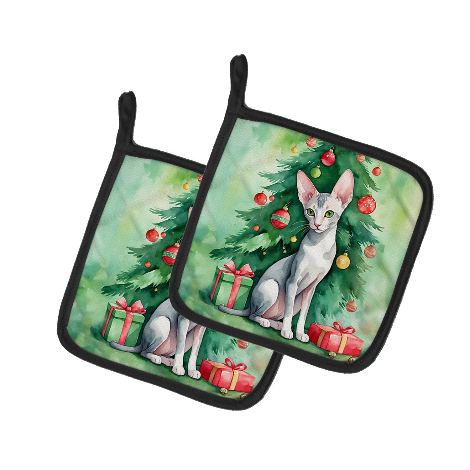 Buy this Oriental Shorthair Cat By the Christmas Tree Pair of Pot Holders