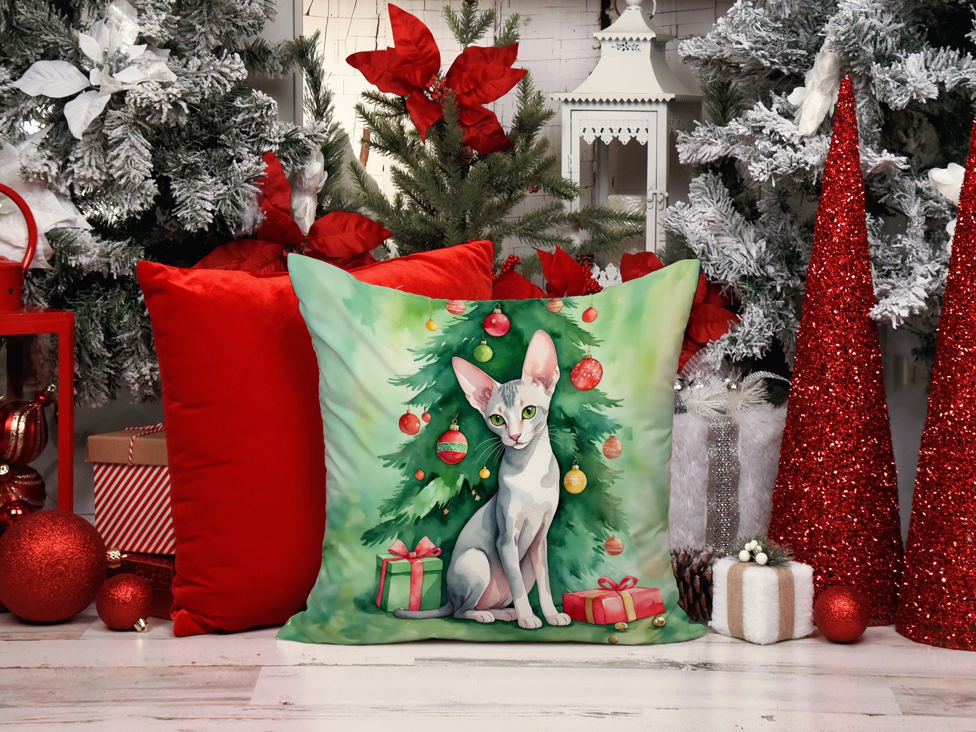 Oriental Shorthair Cat By the Christmas Tree Throw Pillow