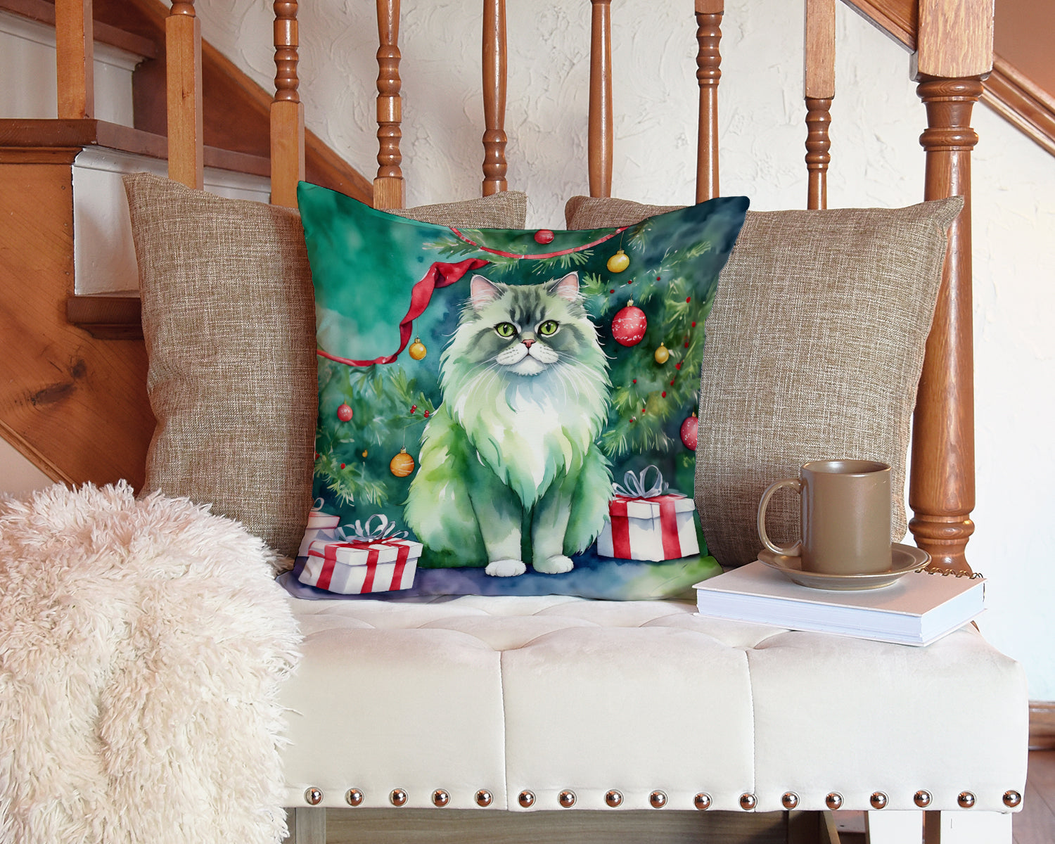 Persian Cat By the Christmas Tree Throw Pillow