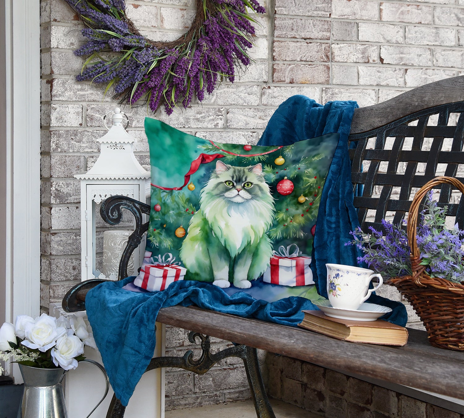 Persian Cat By the Christmas Tree Throw Pillow