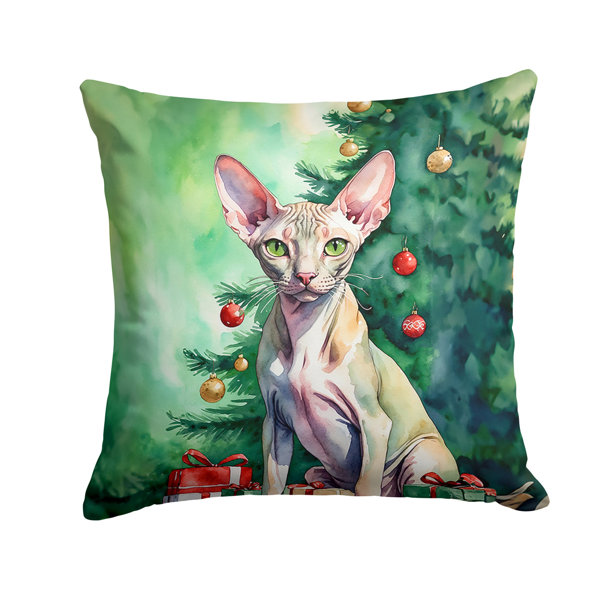 Buy this Peterbald Cat By the Christmas Tree Throw Pillow