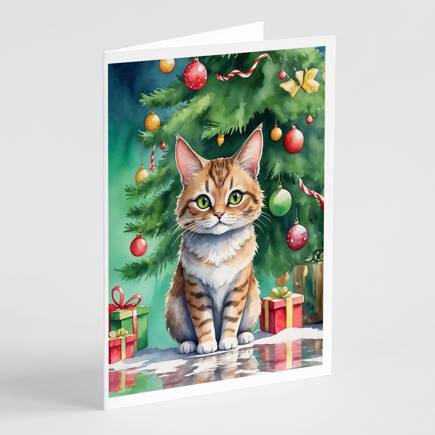 Buy this Pixie Bob Cat By the Christmas Tree Greeting Cards Pack of 8