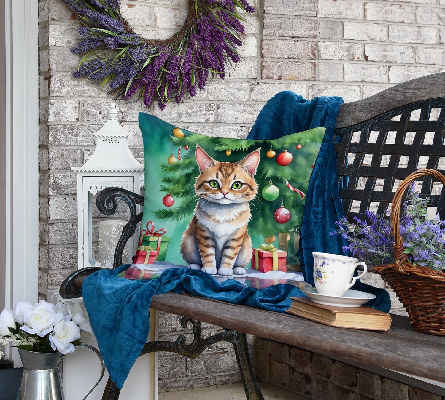 Pixie Bob Cat By the Christmas Tree Throw Pillow