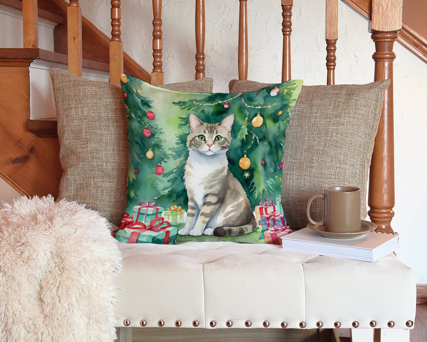 Pudelkatze Cat By the Christmas Tree Throw Pillow