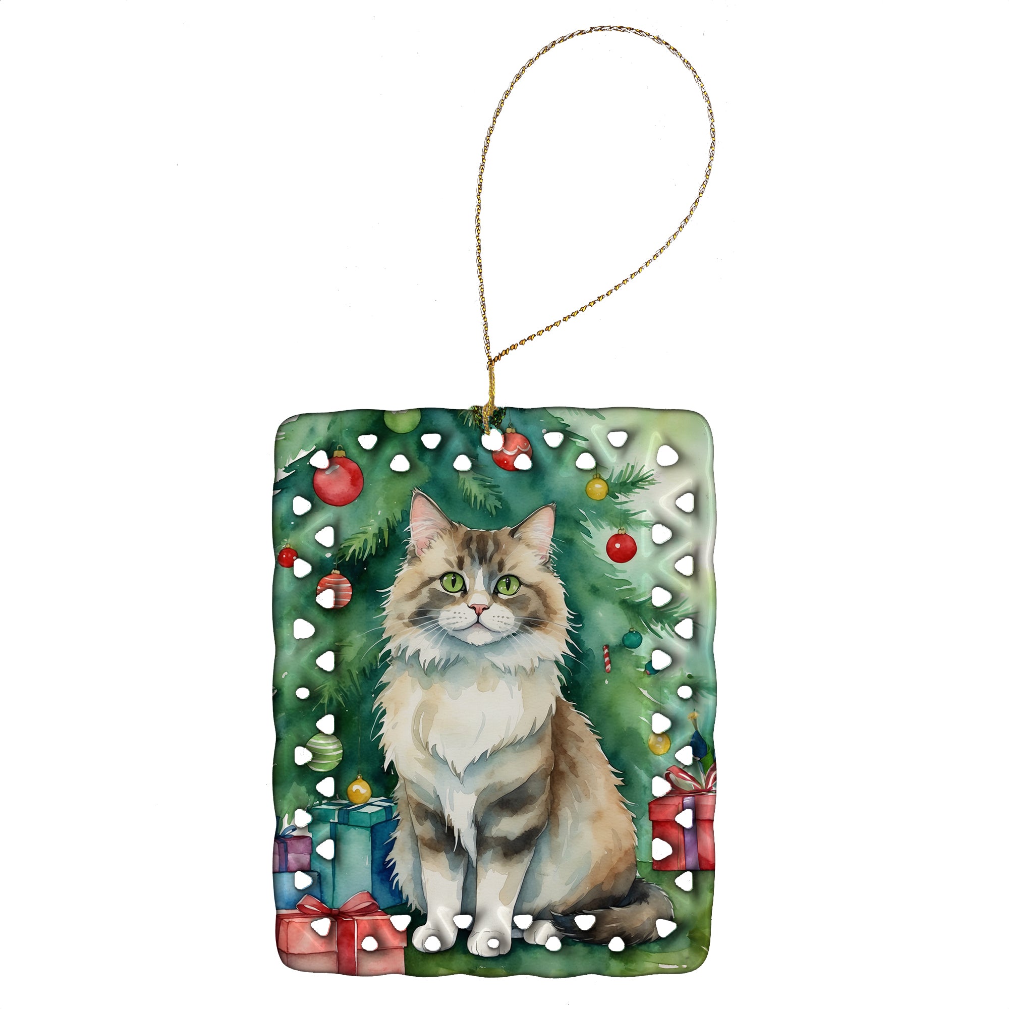 Buy this Ragamuffin Cat By the Christmas Tree Porcelain Ornament