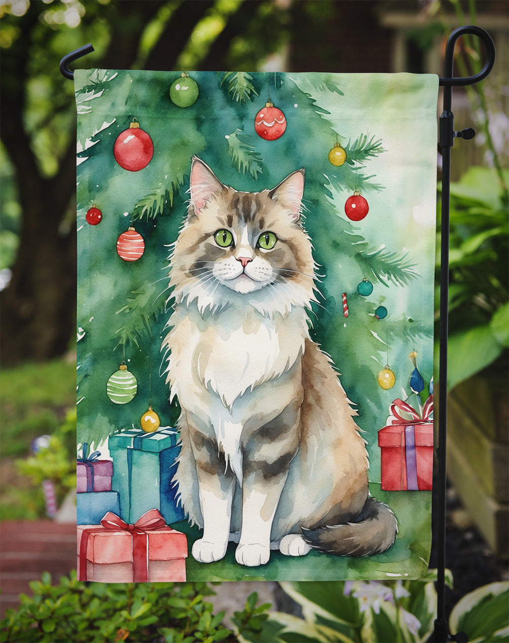 Ragamuffin Cat By the Christmas Tree Garden Flag