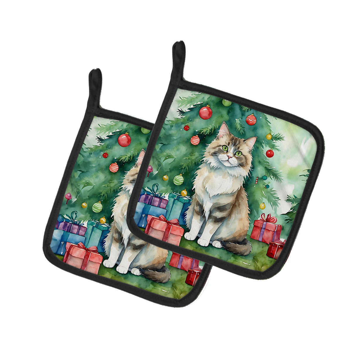 Buy this Ragamuffin Cat By the Christmas Tree Pair of Pot Holders