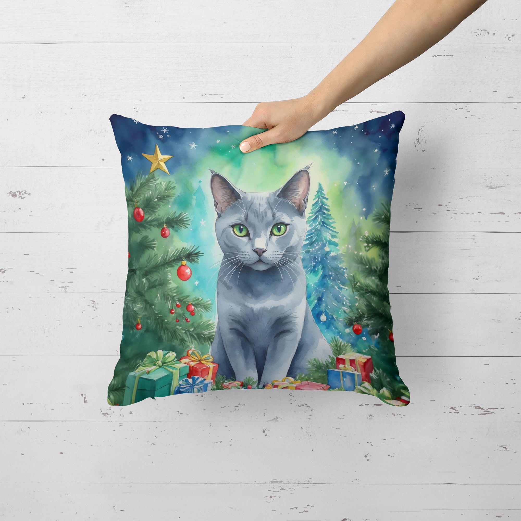 Russian Blue Cat By the Christmas Tree Throw Pillow