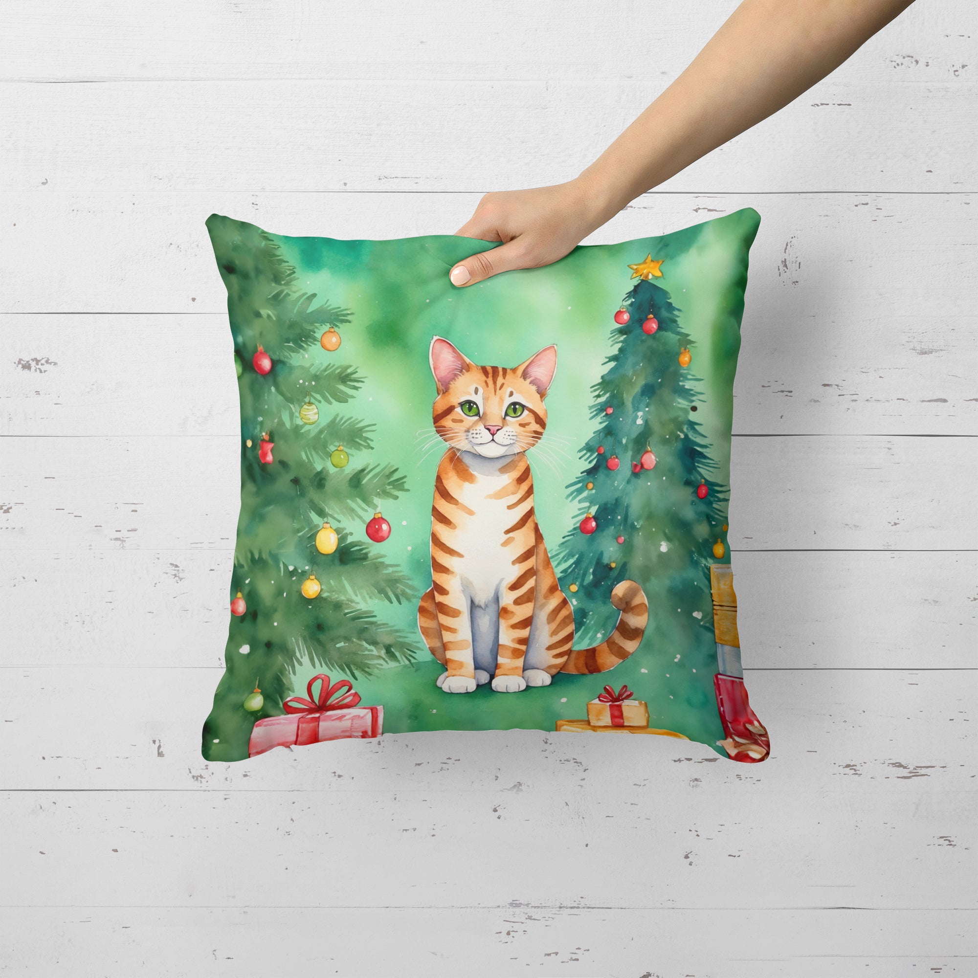 Safari Cat By the Christmas Tree Throw Pillow