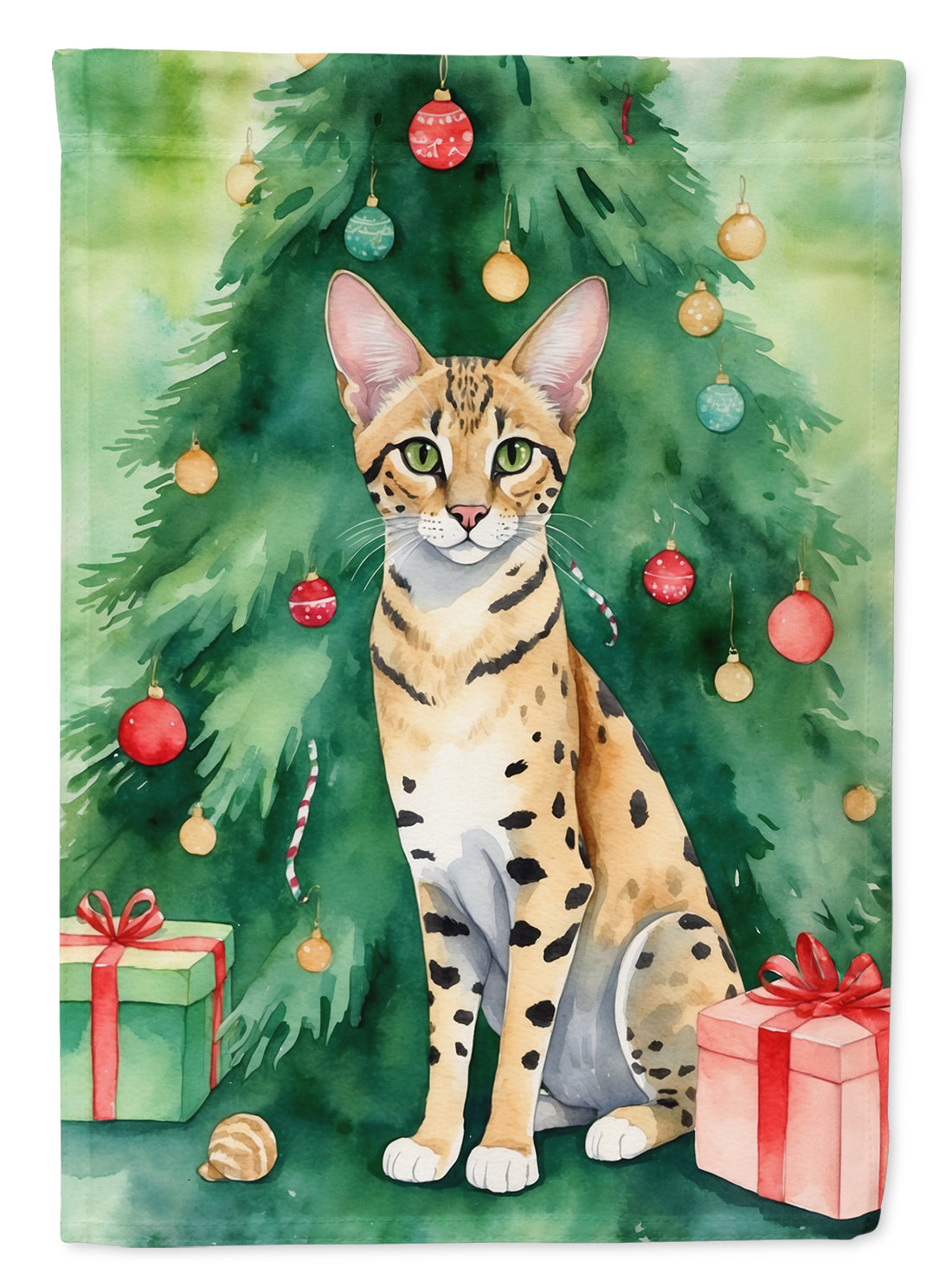 Buy this Savannah Cat By the Christmas Tree House Flag