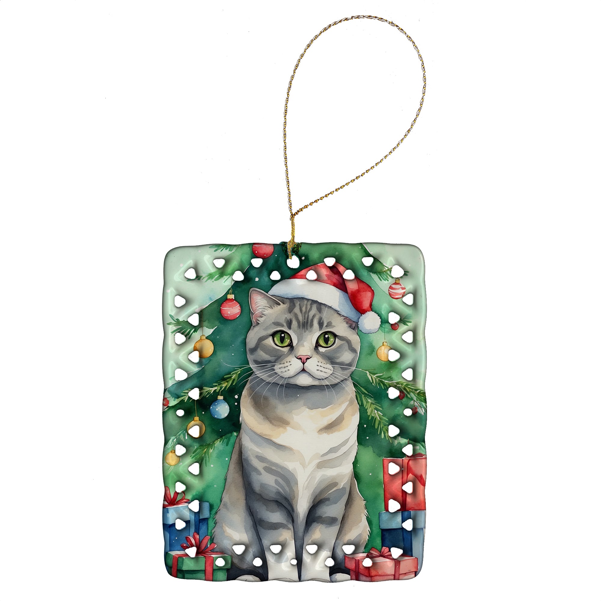 Buy this Scottish Fold Cat By the Christmas Tree Porcelain Ornament