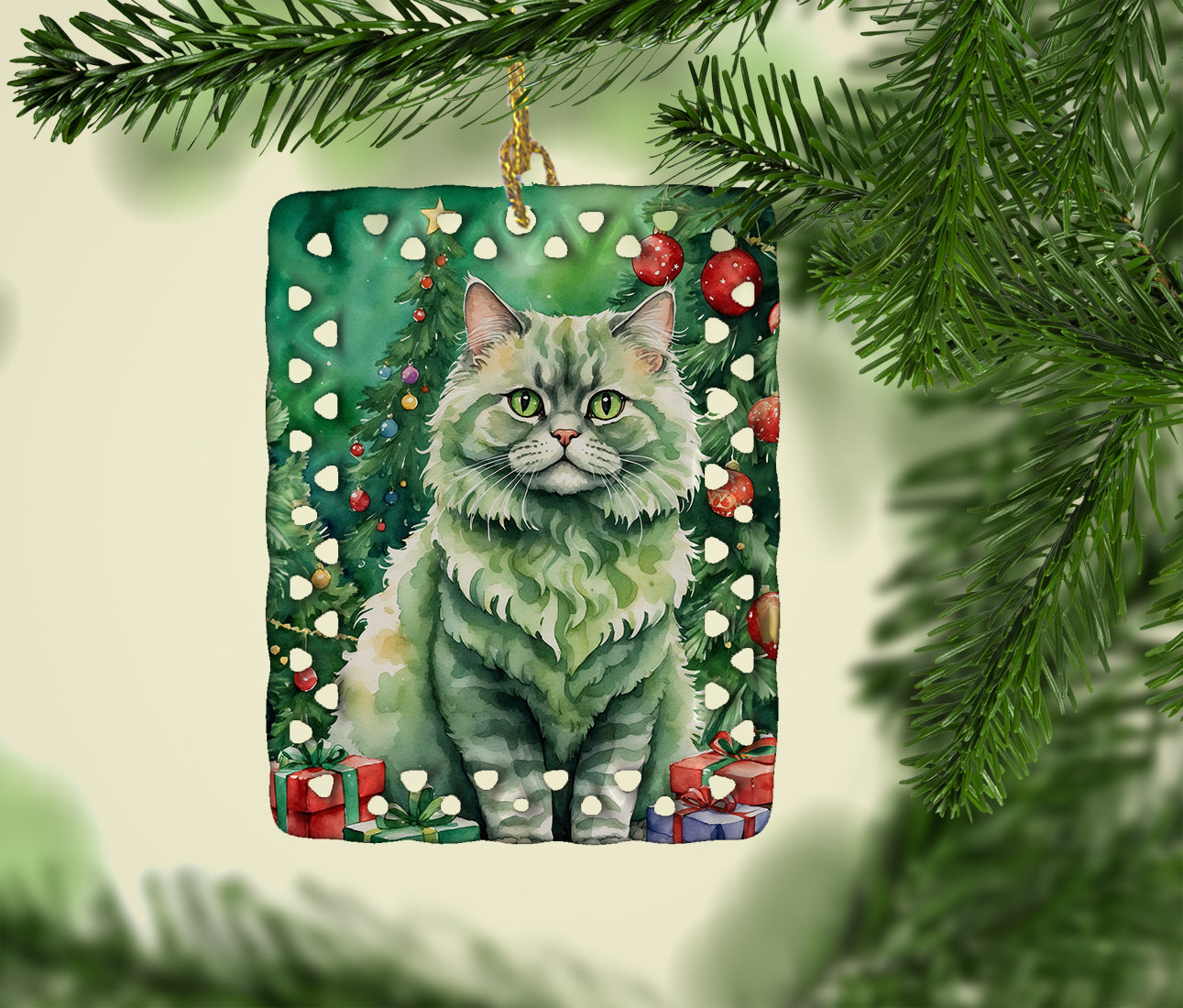 Buy this Selkirk Rex Cat By the Christmas Tree Porcelain Ornament