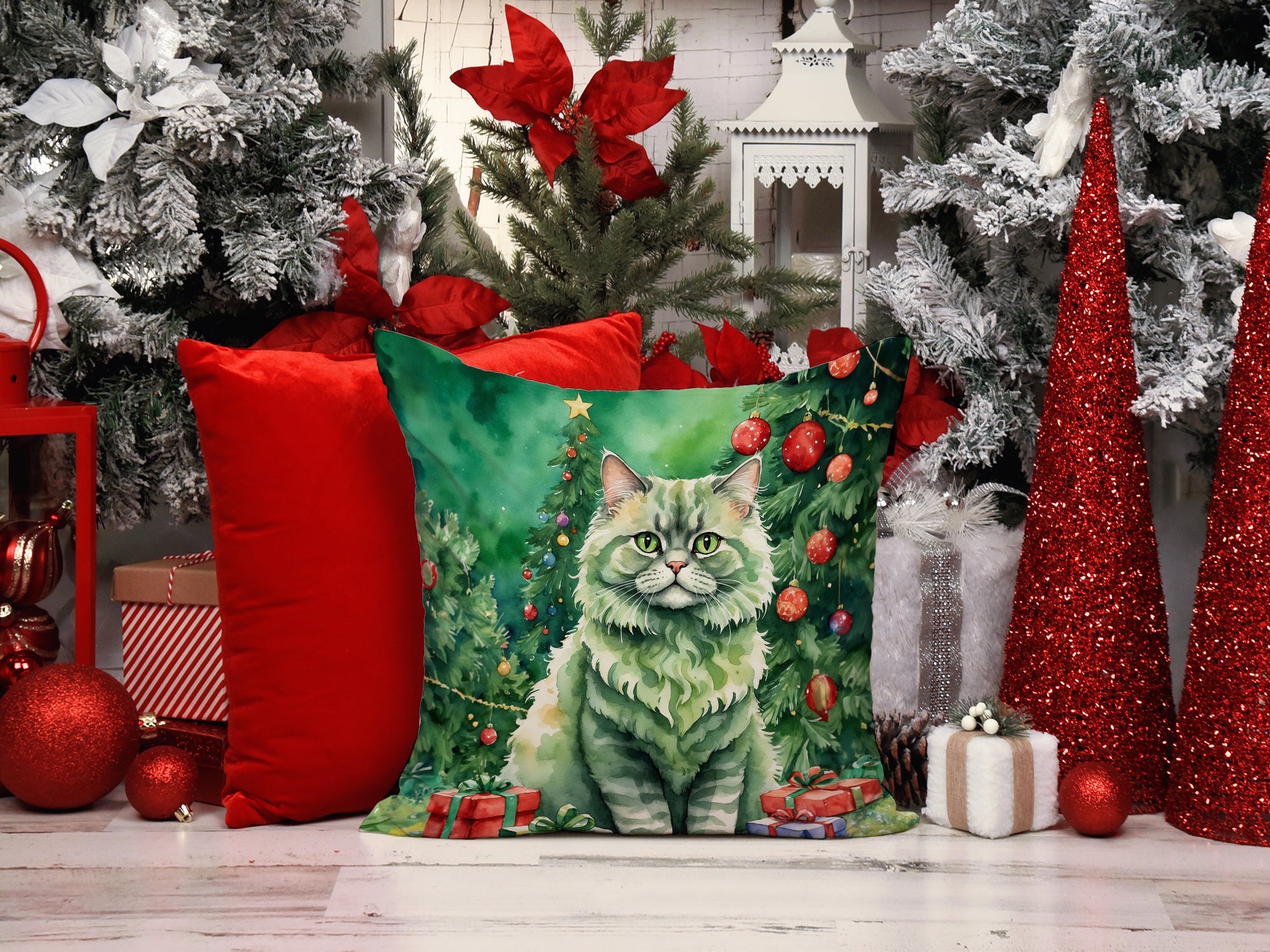 Buy this Selkirk Rex Cat By the Christmas Tree Throw Pillow